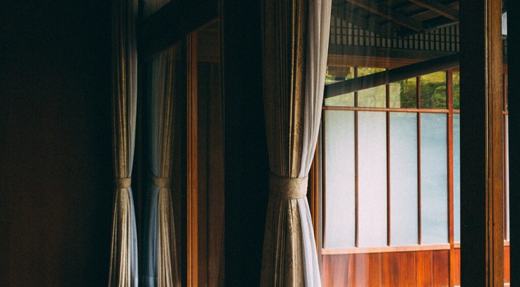 house, architecture, room, curtain, glass, window, interior